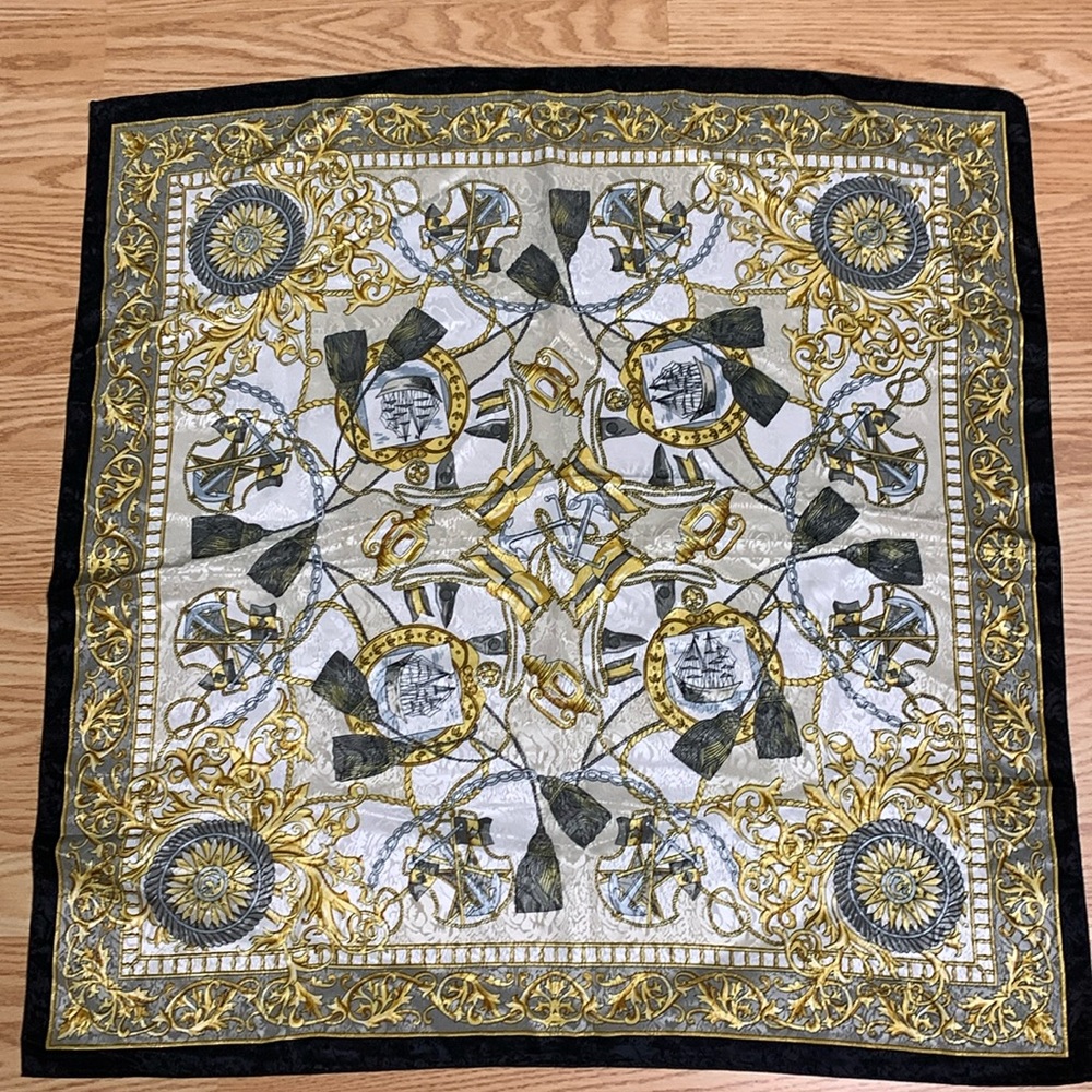 Vintage Nautical Scarf black gold satin ocean sea sailing compass anchor sail